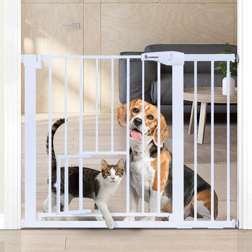 COMOMY Türschutzgitter mit Katzenklappe, 75-103cm Treppenschutzgitter ohne Bohren für Hunde und Katzen, Autoclose, Erweiterbar Türgitter Absperrgitter mit 7cm und 14cm Verlängerungen, Weiß