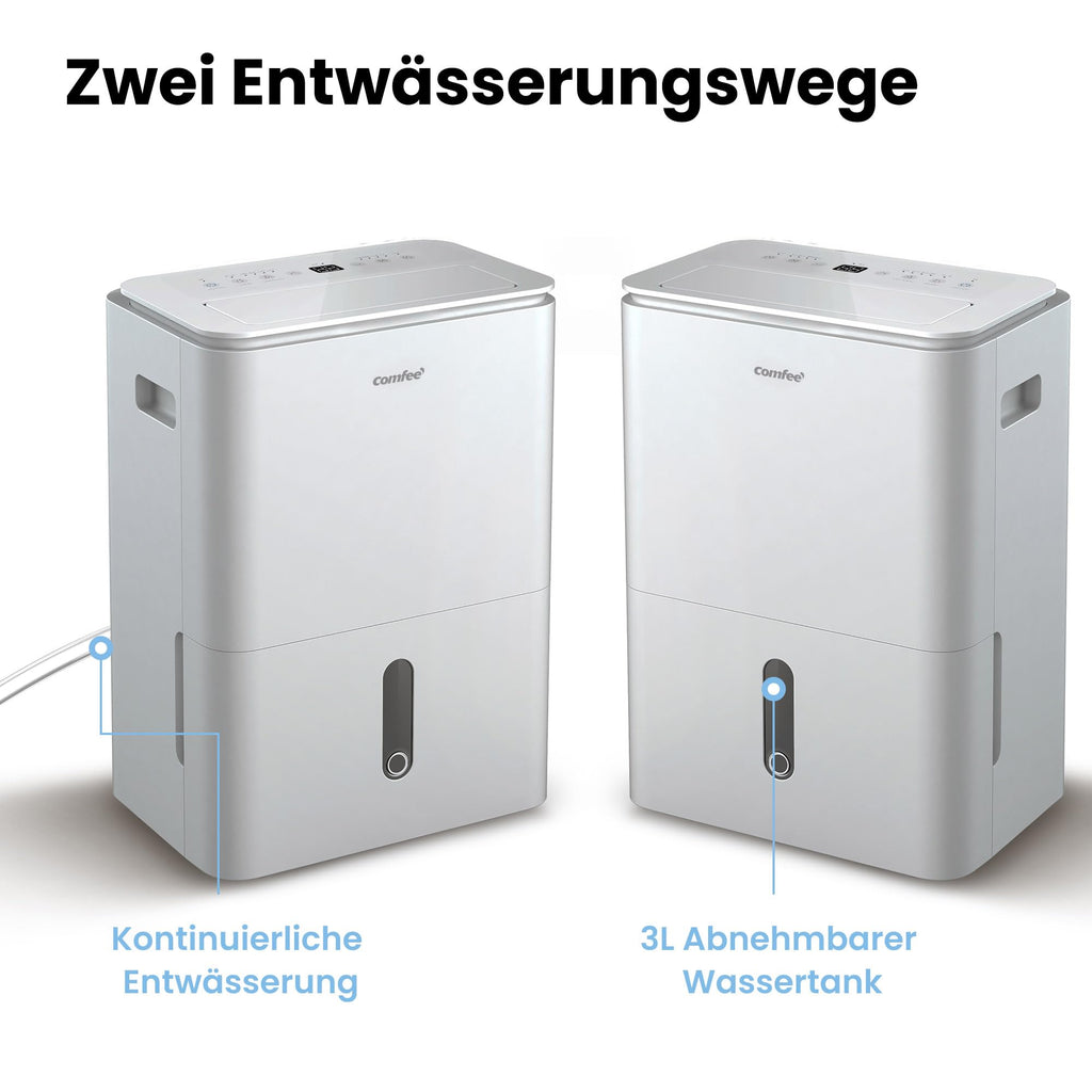 COMFEE' Luftentfeuchter Easy Dry 20L/Tag, 4 Modi, Luftbefeuchter angeschlossen, 3 l Tank, Wäschetrockner, Swing-Funktion, für Räume von 40㎡/100 m³, Weiß