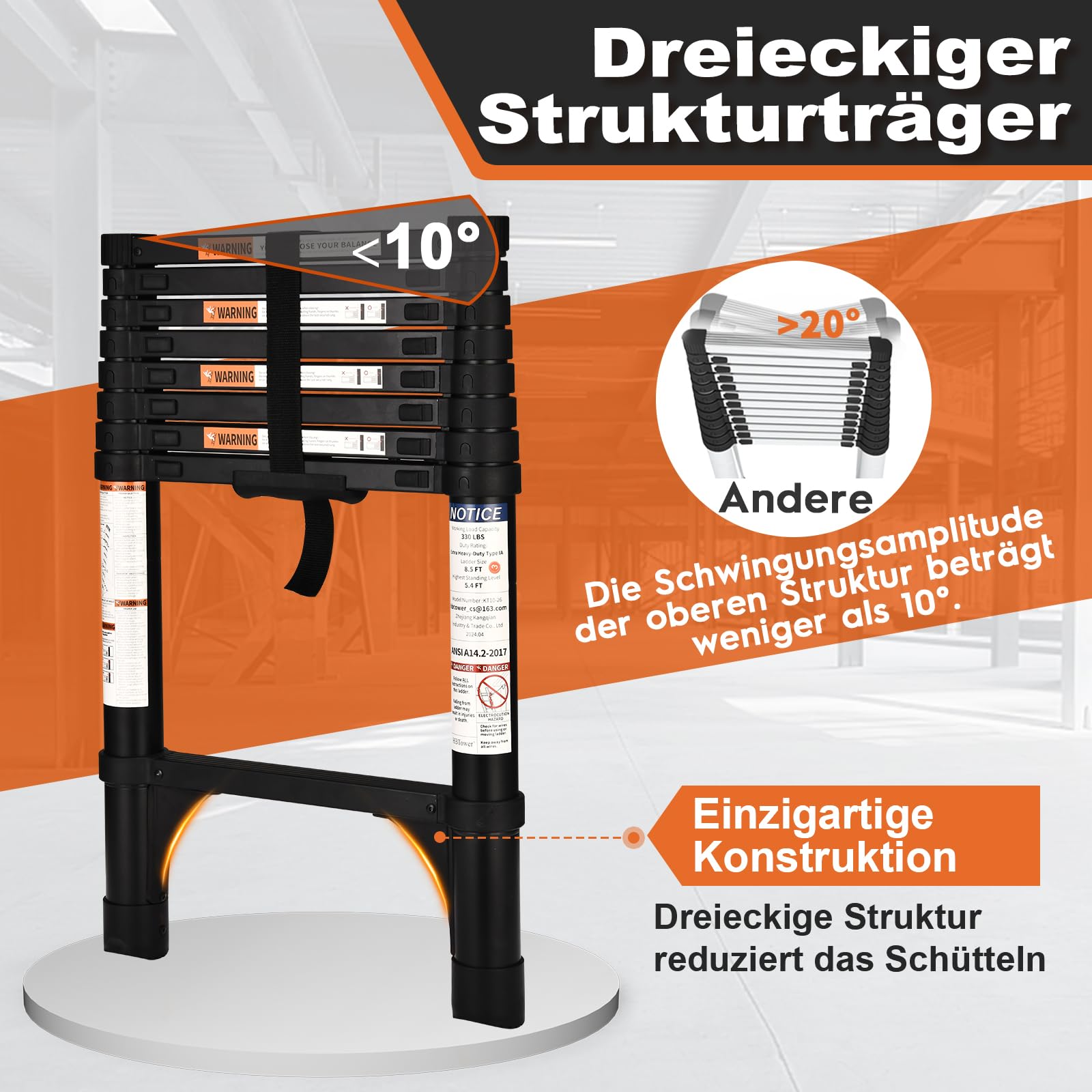 HBTower Teleskopleiter 2,6 m aus Aluminium, Klappbare Ausziehleiter mit Rutschfesten Füßen, Leicht & Stabil, Tragkraft 150 kg, Ideal für Heimwerker & Wohnwagen, Schwarz