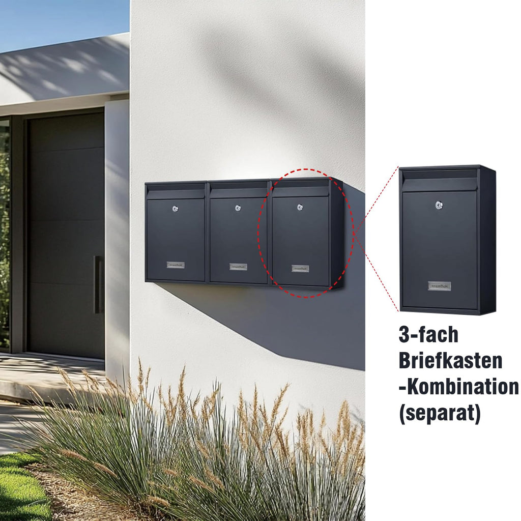 Zedelmaier Mehrfamilienhaus personalisiert 3er Briefkastensysteme DIN C4 Briefkastenanlage Briefkästen Wandbriefkasten Postkasten inkl. 4 Schlüsseln 26x35x8,5cm Anthrazit XL