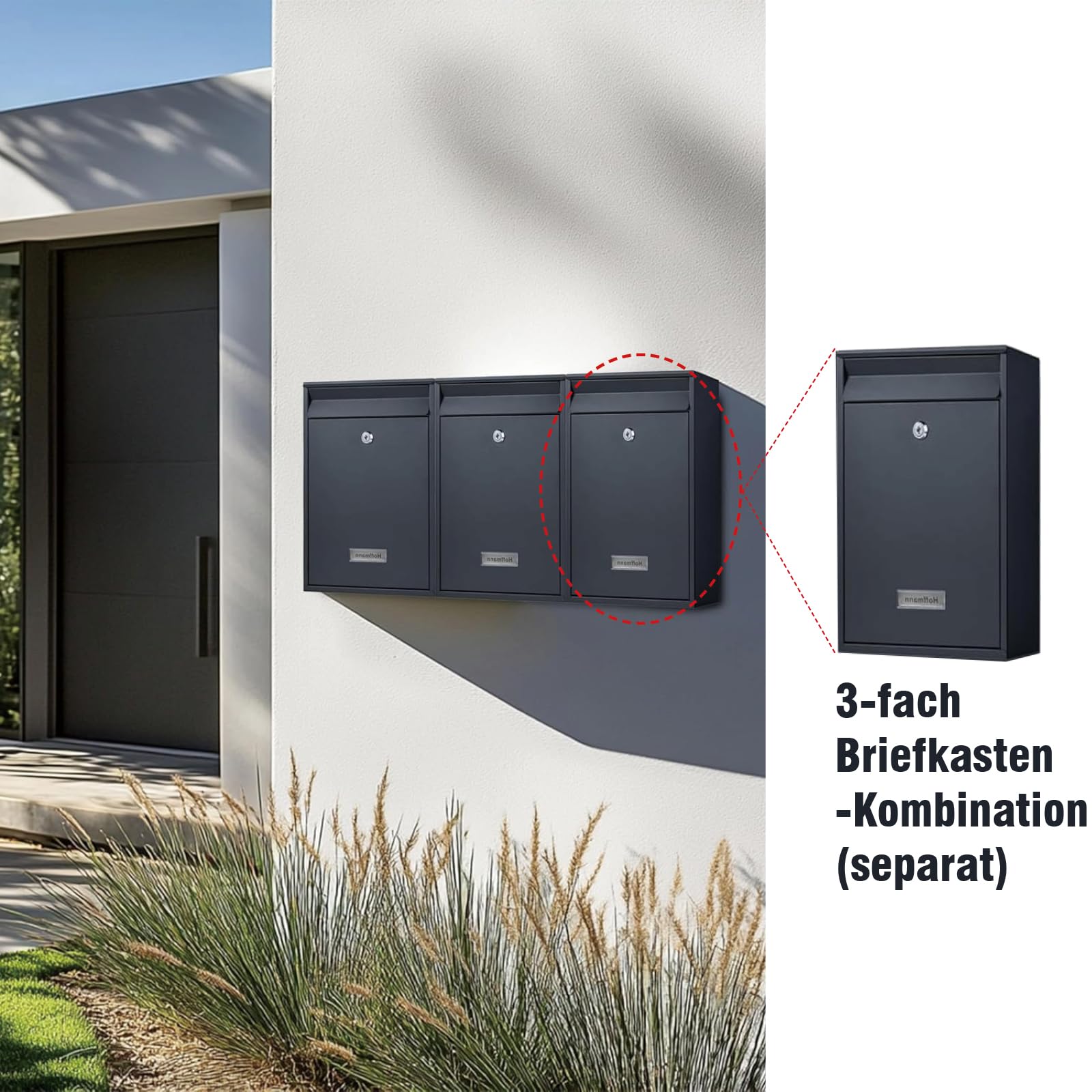 Zedelmaier Mehrfamilienhaus personalisiert 3er Briefkastensysteme DIN C4 Briefkastenanlage Briefkästen Wandbriefkasten Postkasten inkl. 4 Schlüsseln 26x35x8,5cm Anthrazit XL