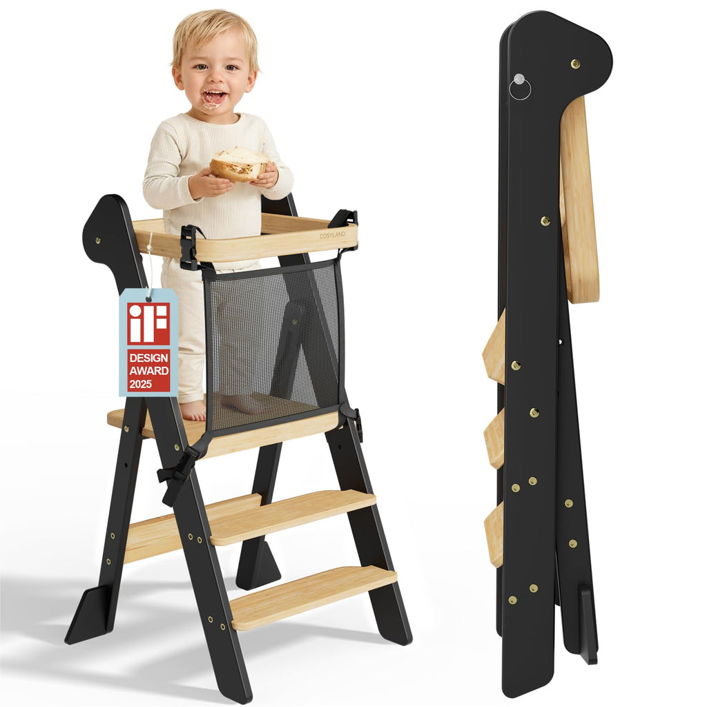 COSYLAND Lernturm ab 1 Jahr klappbar – iF Design Award Gewinner, höhenverstellbarer Lernturm mit Sicherheitsnetz, Montessori Learning Tower/Lernstuhl für Kinder, Foldi (Schwarz & Natur)