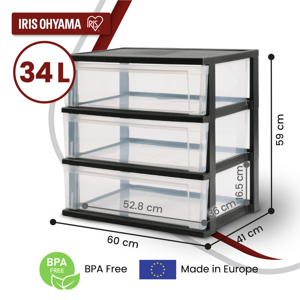 Iris Ohyama, Aufbewahrungsschänke aus Plastik, 2 Schränke, 3 Schubladen von 34L pro Truhe, Schwarz, Robust, für Schreibtisch, Garage, Schlafzimmer, BPA frei, Truhe, Box, NSW-603