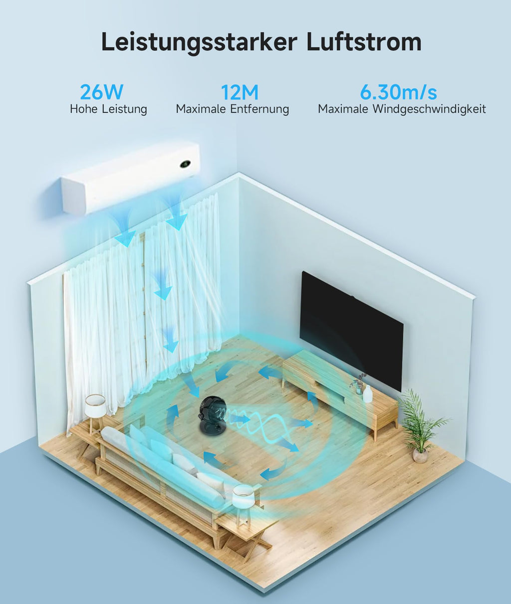 WOWDSGN Ventilator Leise, Tischventilator 24dB, Leistungsstarker 3D Turbo-Luftzirkulator - 100° & 80° Oszillation - 3 Geschwindigkeitsstufen für Schlafzimmer Wohnzimmer Büro Küchen - Schwarz