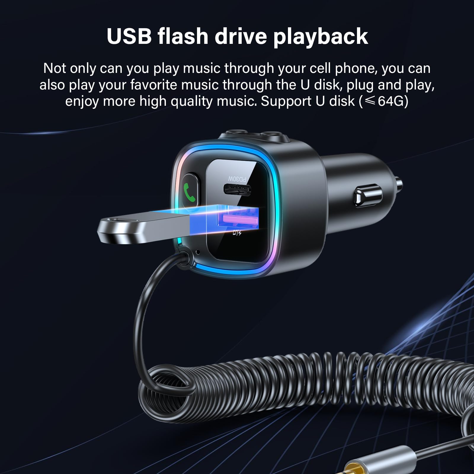 Aux Bluetooth 5.4 Adapter Auto Bluetooth Empfänger Klinke 3.5mm für Freisprechanruf und Wireless Musik Kompatibel Schnellladung AutoLadegerät 42W (PD 30W&QC 12W) HiFi-Stereo U-Disk RGB Umgebungslicht