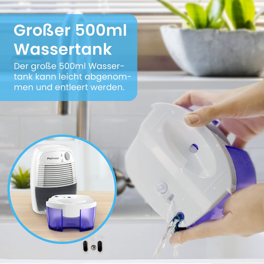 Pro Breeze Mini Luftentfeuchter 500ml gegen Feuchtigkeit, Schmutz, Schimmel, Geräuscharm und Kompakt für Kleine Räume, Automatisches Abschalten, geeignet für Allergiker - Weiß