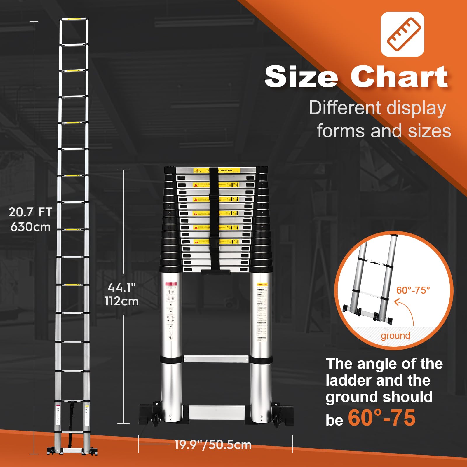 HBTower Teleskopleiter 6,3 m mit Stabilisator, Klappbare Profi-Ausziehleiter aus Aluminium mit Rutschfesten Füßen, Extra Hoch & Stabil, Tragkraft 150 kg, Ideal für Handwerker & Fassadenarbeiten