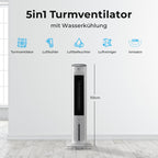 Balter VT-09-WH 5in1 Turmventilator, Ventilator mit Wasserkühlung, Luftkühler, Luftbefeuchter, Luftreiniger, Ionisator, Fernbedienung, Timer, 4L, 55W