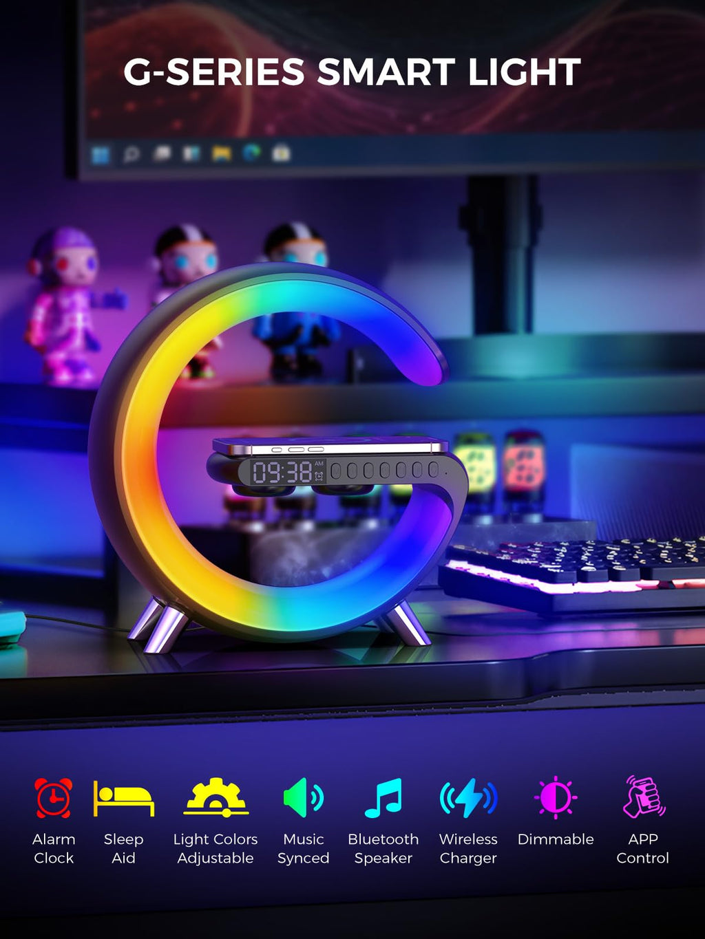 Smiling Shark Lichtwecker, Intelligente Wecker Licht Atmosphärenlicht mit Kabelloses Ladegerät Bluetooth Lautsprecher Dimmbar Naturgeräuschen App Steuerung Sonnenaufgang Licht Wecker für Wohnzimmer