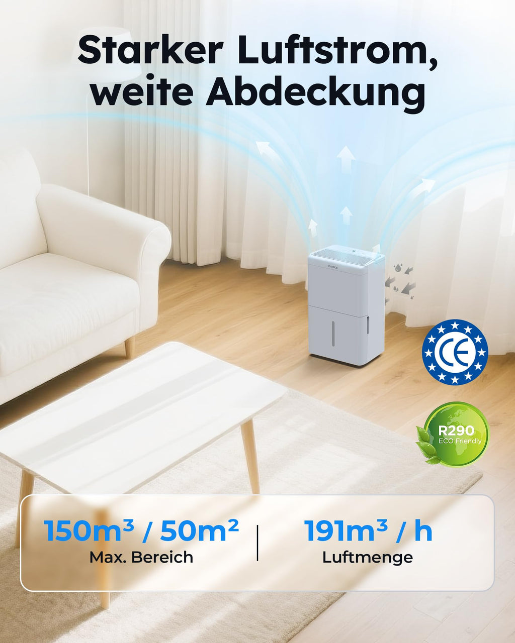 Kresico Luftentfeuchter elektrisch 20L, Entfeuchter elektrisch, Luftentfeuchter Keller für Räume bis zu 150m³/50m², Raumentfeuchter elektrisch 39dB mit Ablaufschlauch, Filter, Timer, 10 J. Gar.