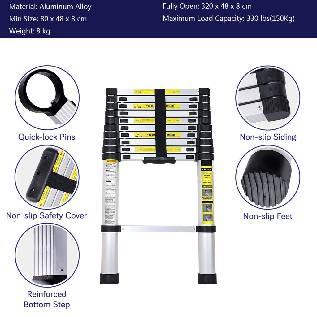3,2M Teleskopleiter, Mehrzweckleiter Aluminium, 150 kg/330 Pfund Belastbarkeit, Ausziehbar Aluleiter, Ausziehleiter für Dachboden/Kletterdach/Büronutzung/Baujob