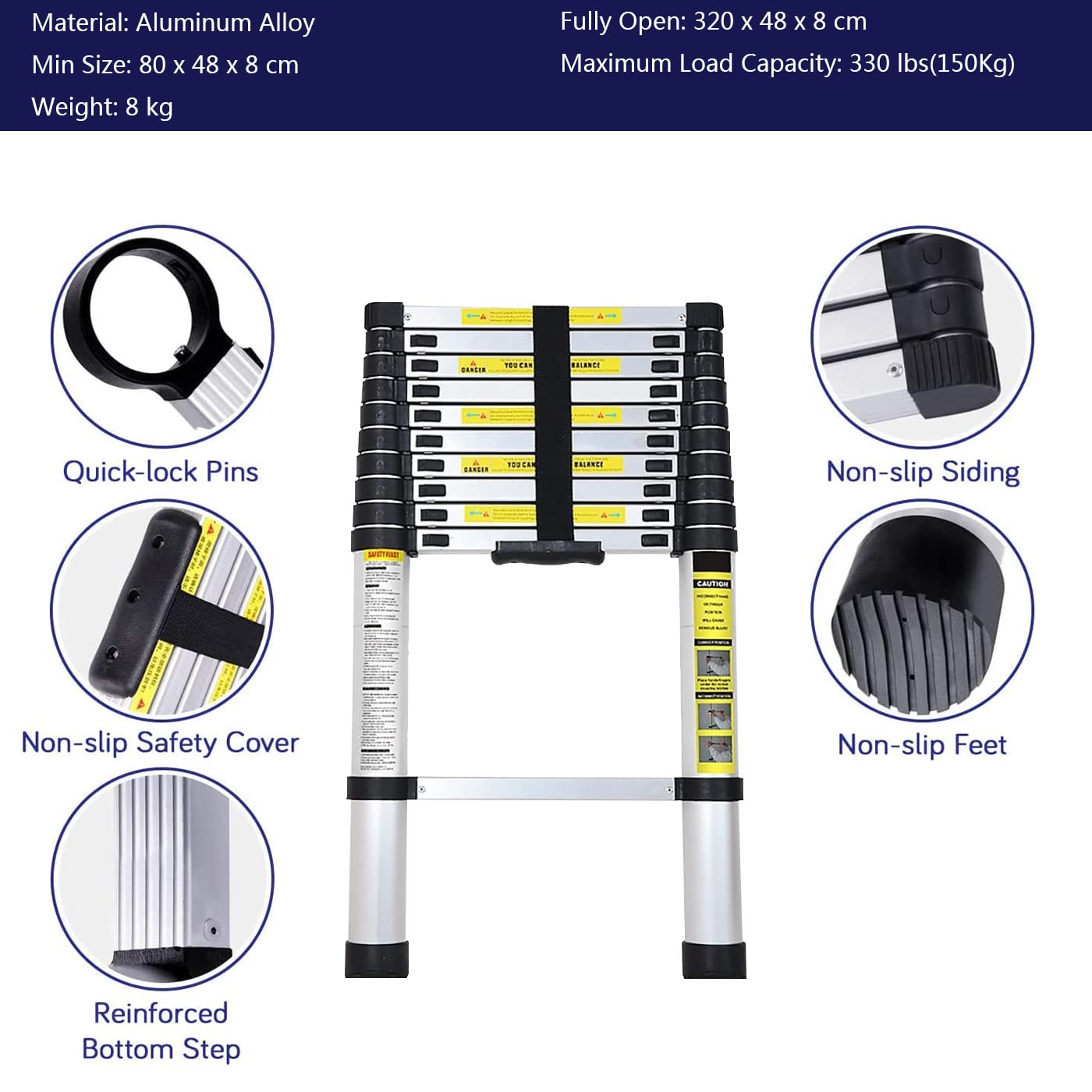 3,2M Teleskopleiter, Mehrzweckleiter Aluminium, 150 kg/330 Pfund Belastbarkeit, Ausziehbar Aluleiter, Ausziehleiter für Dachboden/Kletterdach/Büronutzung/Baujob