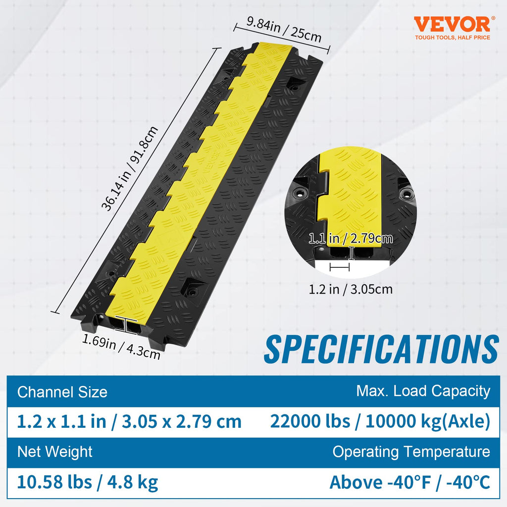 VEVOR 1x Kabelbrücke 91,8x25x4,3cm Überfahrschutz Kabel TPU & TPR Schlauchbrücke 2 Kanäle 10000KG pro Achse Tragfähigkeit Rampe Kabelkanäle Ideal für Parkplätze Lagerhallen Schulen Baustellen