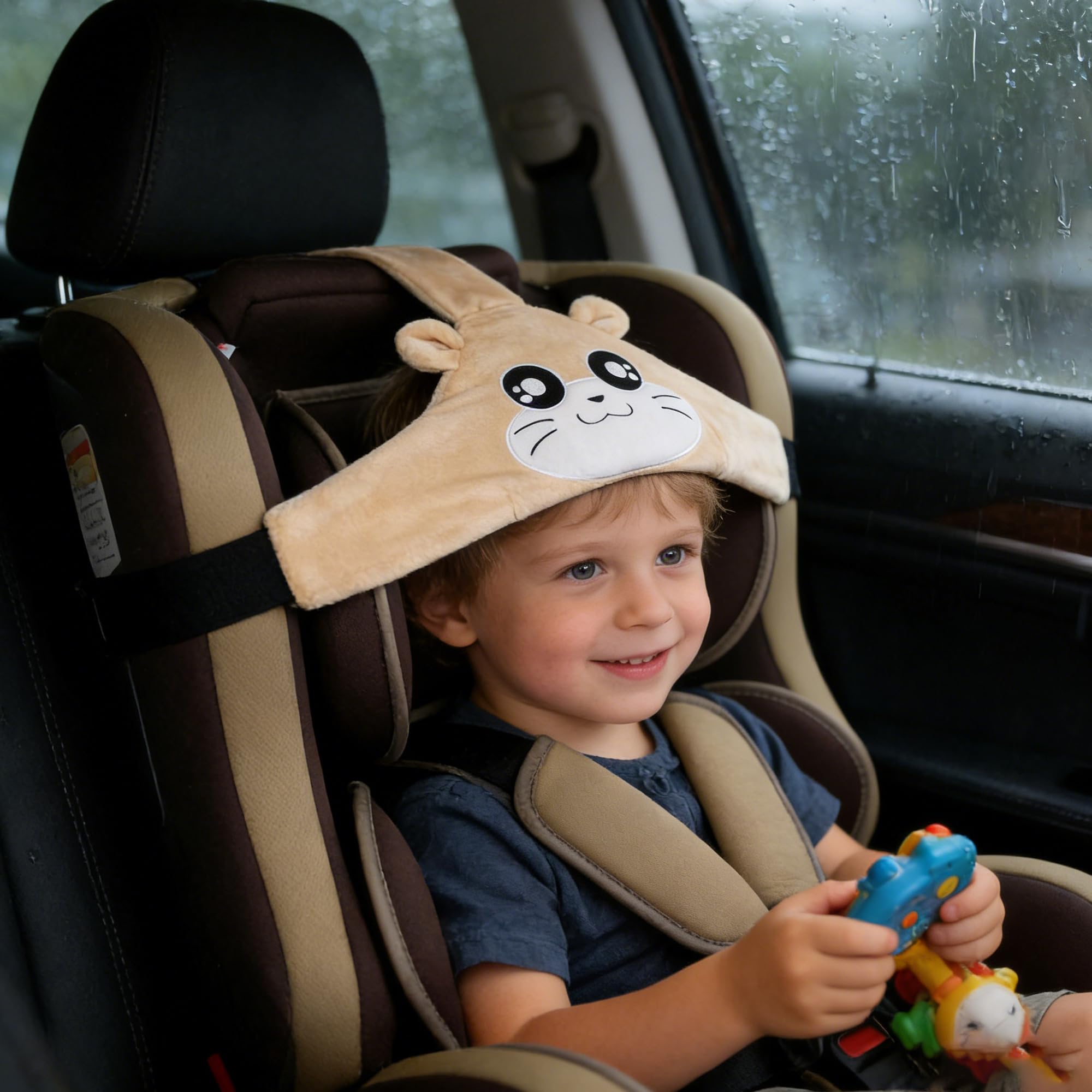 MINGZE Baby Autositz Kopfunterstützung, Auto Sicherer und gemütlicher Schlafpositionierer, Einstellbar Sicherheitssitz Befestigungsgurt, Protektor Kopfstütze Nackenstütze für Kinder Baby (Braun)