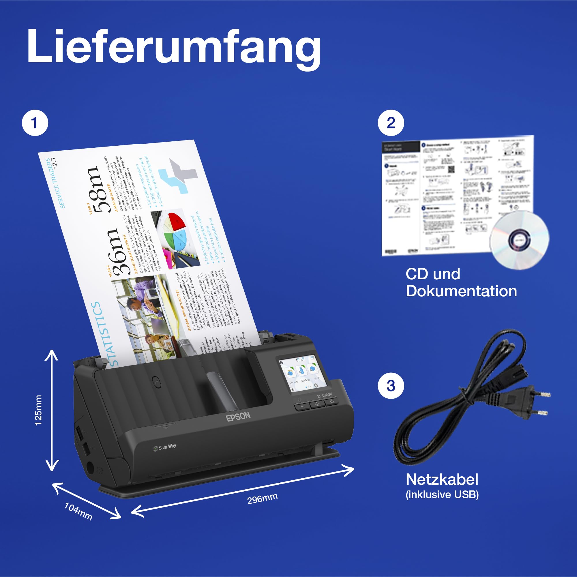 Epson Wi-Fi Scanner ES-C320W, kompakter A4 Business Scanner mit geringem Stromverbrauch, Duplex-Einzugscanner mit vielseitiger Medienverarbeitung, schwarz