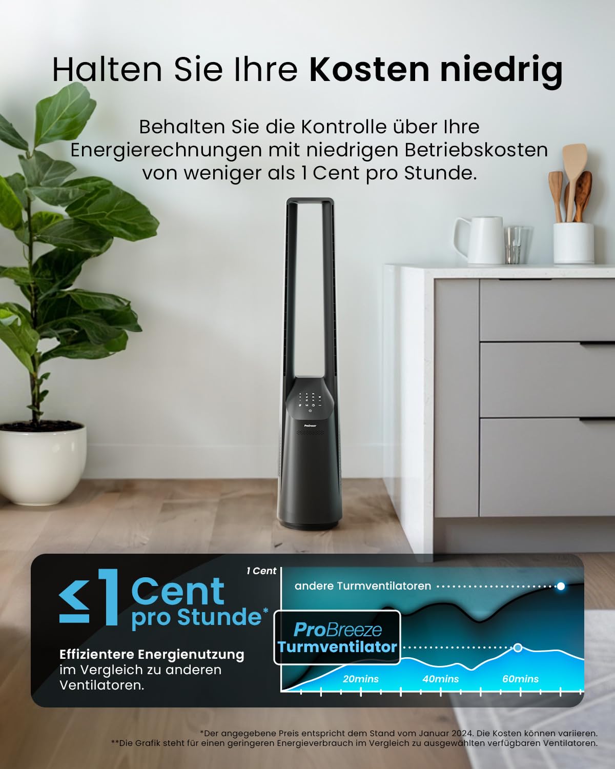 Pro Breeze 101cm rotorloser Ventilator - Ventilator oszillierend mit Fernbedienung, LED Display, 6 Geschwindigkeiten - Turmventilator sehr leise, 5 Betriebsmodi, Auto 60° Oszillation, 7h Timer