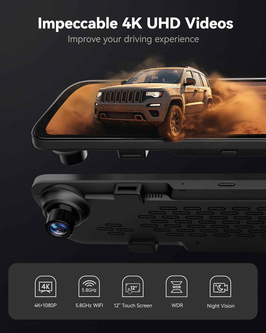 WOLFBOX 12" G840S 4K Spiegel Dashcam mit Rückfahrkamera, 5.8GHz WiFi Auto Kamera mit IPS-Touchscreen Dual Dash Cam Spiegel, Loop-Aufnahme und G-Sensor, Parküberwachung, GPS, kostenlose 32 GB-Karte