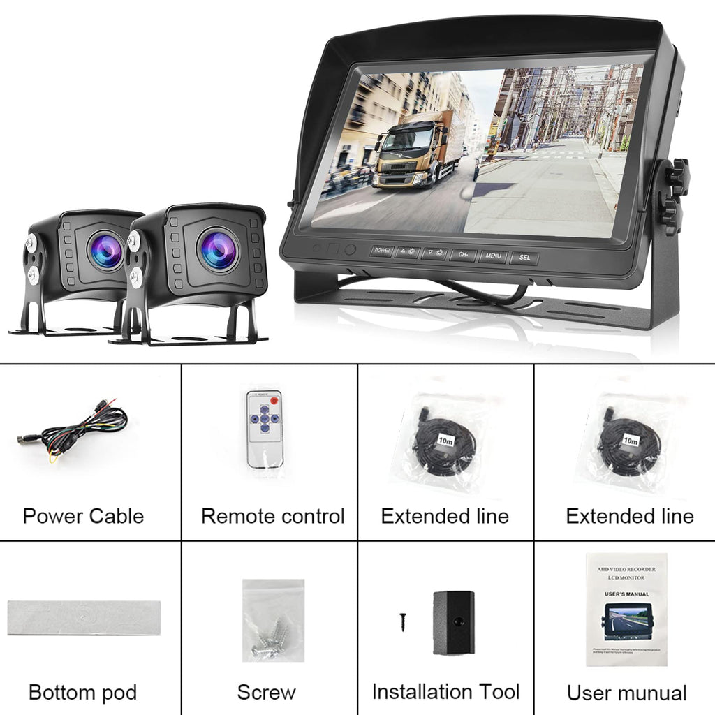 Hodozzy Dual Backup Kamera Rückfahrkamera System, Videoaufzeichnung 9 Zoll LCD Monitor DVR, IP69 Wasserdicht Vollfarb-Nachtsicht Auto Kamera mit 2*10m Kabel für LKW/Anhänger/Bus/Van/Wohnmobil 12V-35V