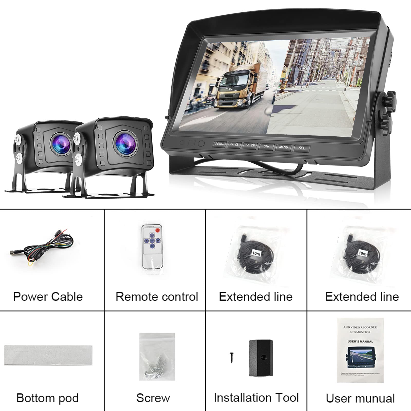 Hodozzy Dual Backup Kamera Rückfahrkamera System, Videoaufzeichnung 9 Zoll LCD Monitor DVR, IP69 Wasserdicht Vollfarb-Nachtsicht Auto Kamera mit 2*10m Kabel für LKW/Anhänger/Bus/Van/Wohnmobil 12V-35V