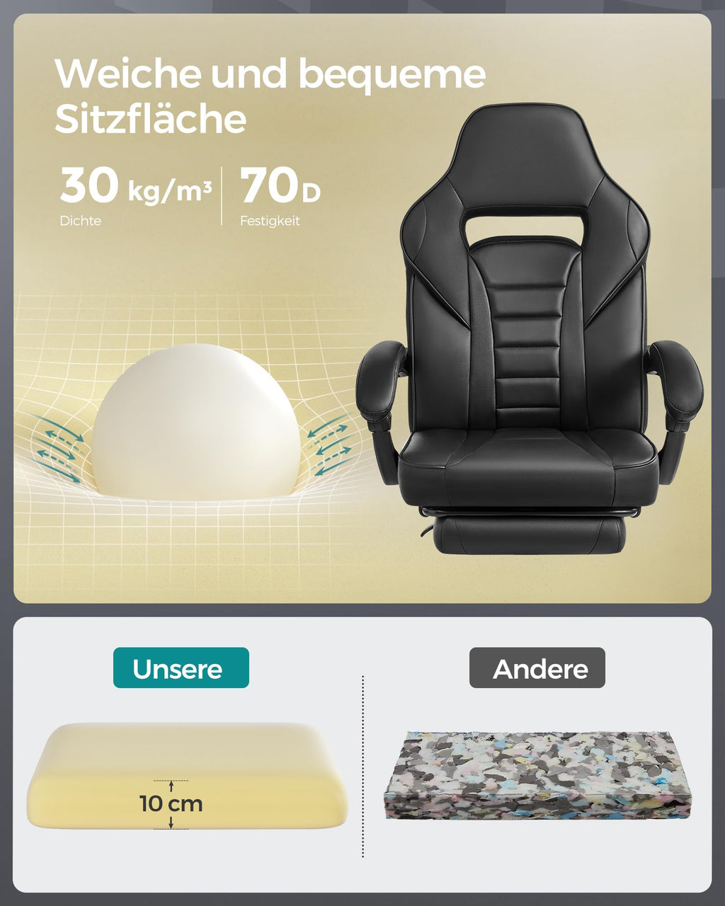 SONGMICS Gaming-Stuhl, Bürostuhl mit Fußstütze, Schreibtischstuhl mit Kopfstütze und Lendenkissen, höhenverstellbar, ergonomisch, bis 150 kg belastbar, tintenschwarz OBG073B05