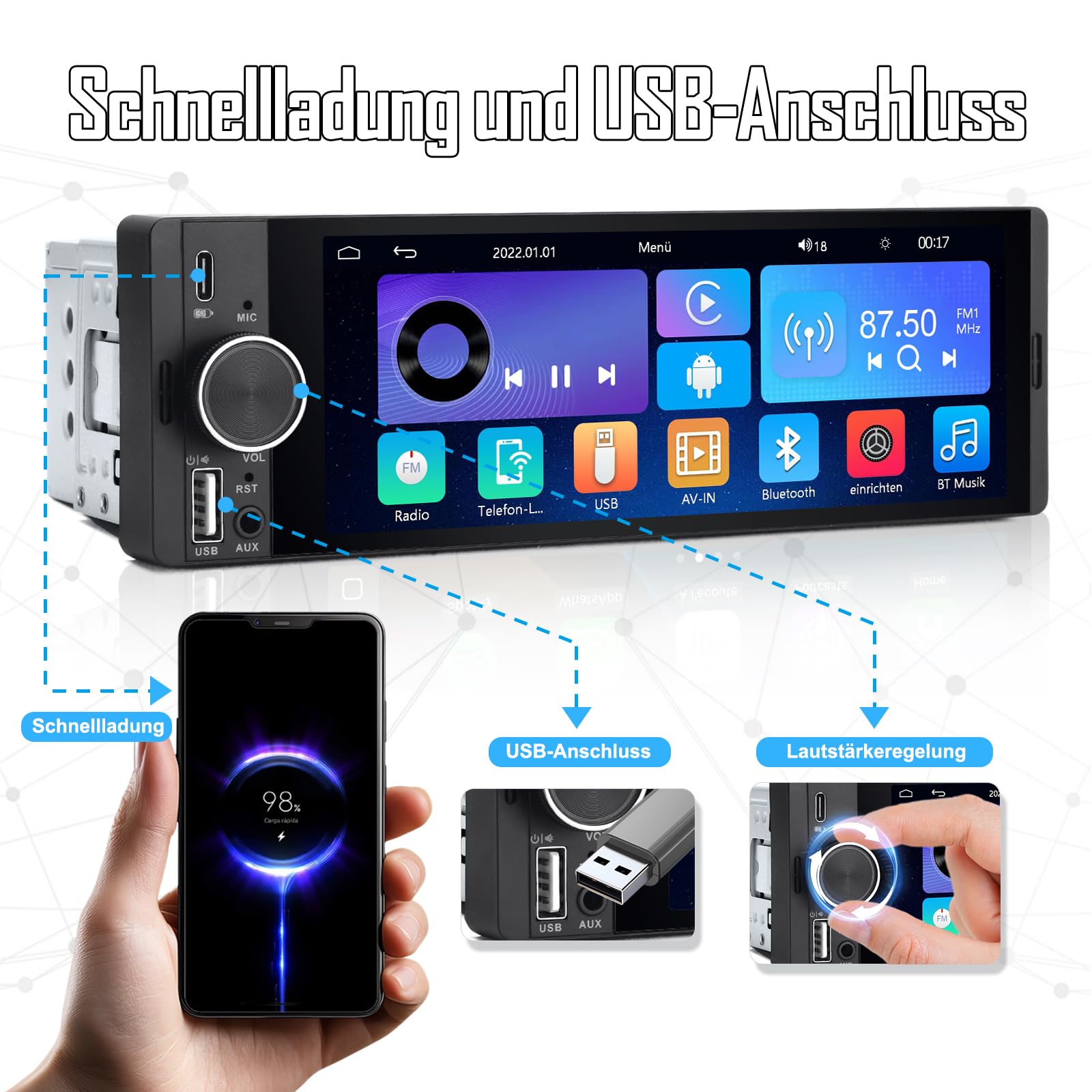 1 DIN Autoradio mit Wireless CarPlay & Android Auto, 6,36 Zoll Auto Radio mit Bildschirm, Rückfahrkamera, FM, Bluetooth, Freisprecheinrichtung, Aux-Eingang, Lenkradsteuerung, Equalizer, Mirror Link