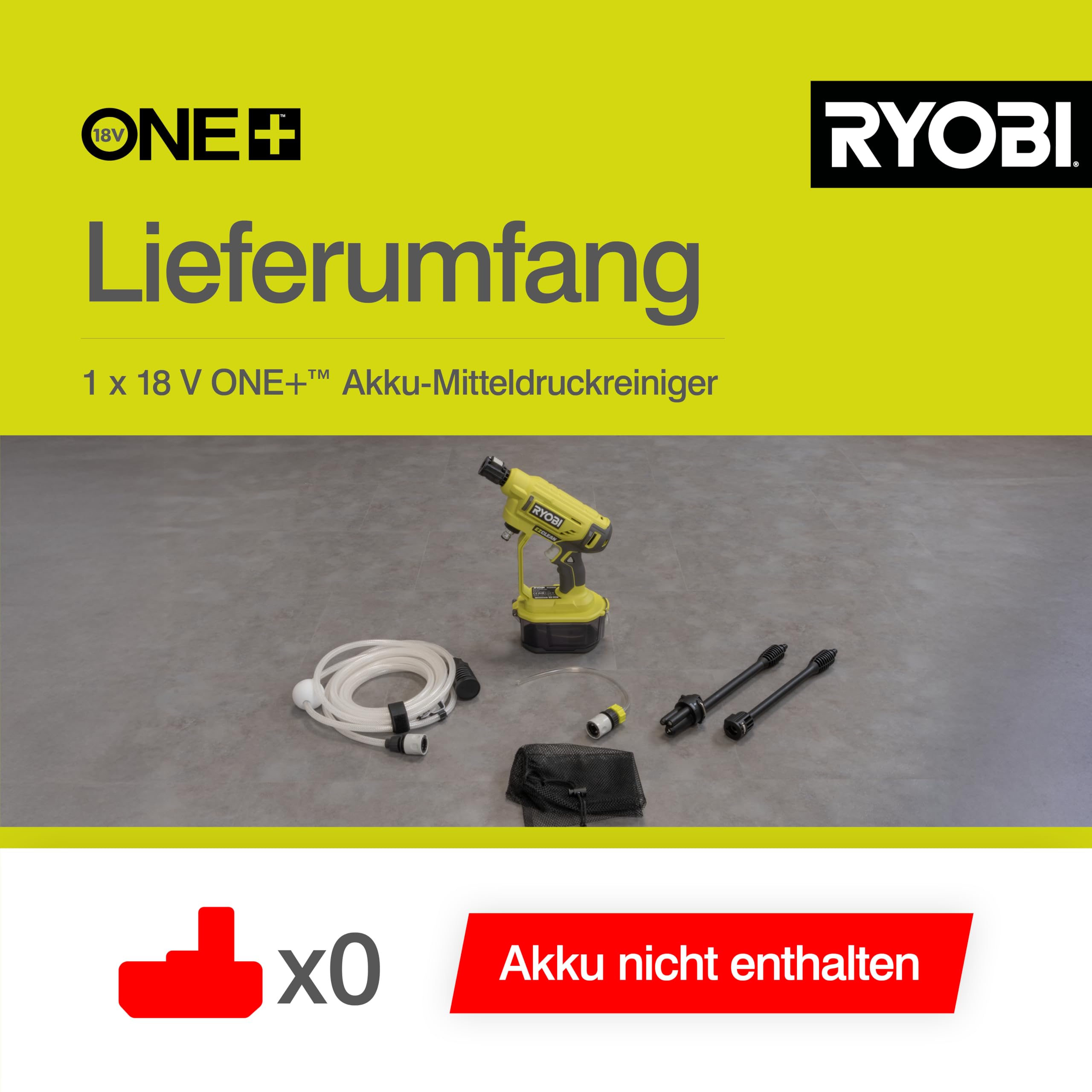 RYOBI 18 V ONE+ Akku-Mitteldruckreiniger RY18PW22A-0, 3in1 Düse, Turbodüse, 15°-Fächerstrahl für die allgemeine Reinigung, ohne Akku & Ladegerät