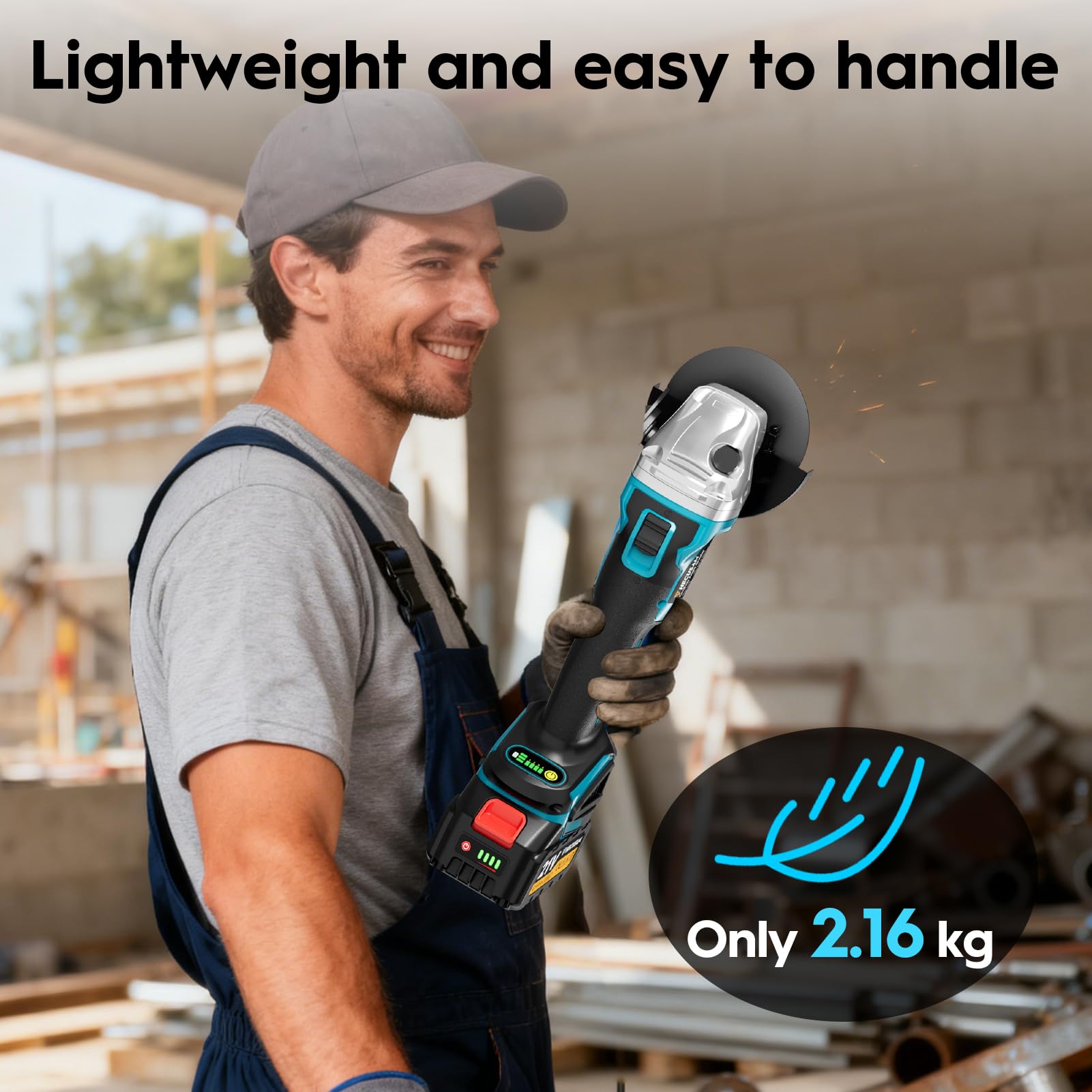 Akku Winkelschleifer 125mm, Flex Akku Winkelschleifer Set mit 2x 4.0Ah Akku, 1200W Bürstenloser Motor 4-stufige Regelung 10.500RPM, 10 Stk Schneidscheiben für Trennen, Schleifen & Bürsten