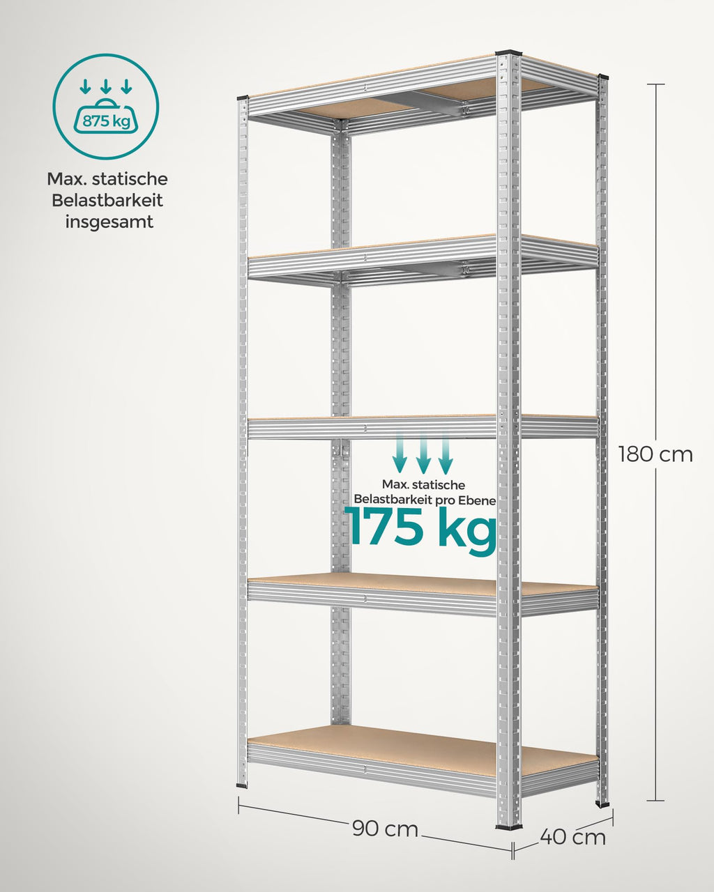 SONGMICS Schwerlastregal, Kellerregal, Lagerregal, 40 x 90 x 180 cm, Regal mit Stahlgestell, bis 875 kg belastbar, 5 verstellbare Ablagen, silbern GLR40SV