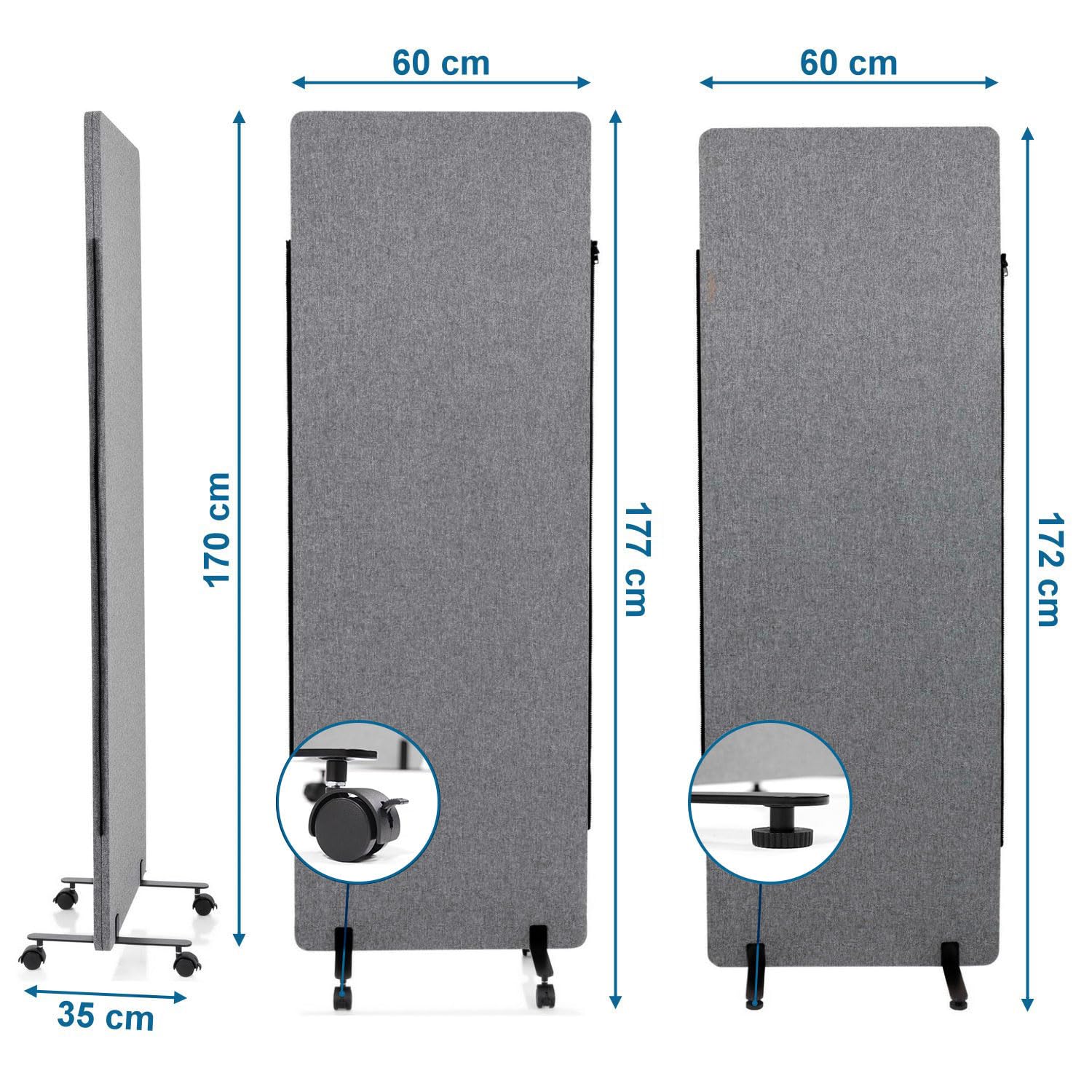 hjh OFFICE Mobile Akustik Trennwand einzeln 177 x 60 cm FLEXMIUT Stoff Dunkelgrau Raumteiler Mittelpanel mit Rollen & Gleiter 891007