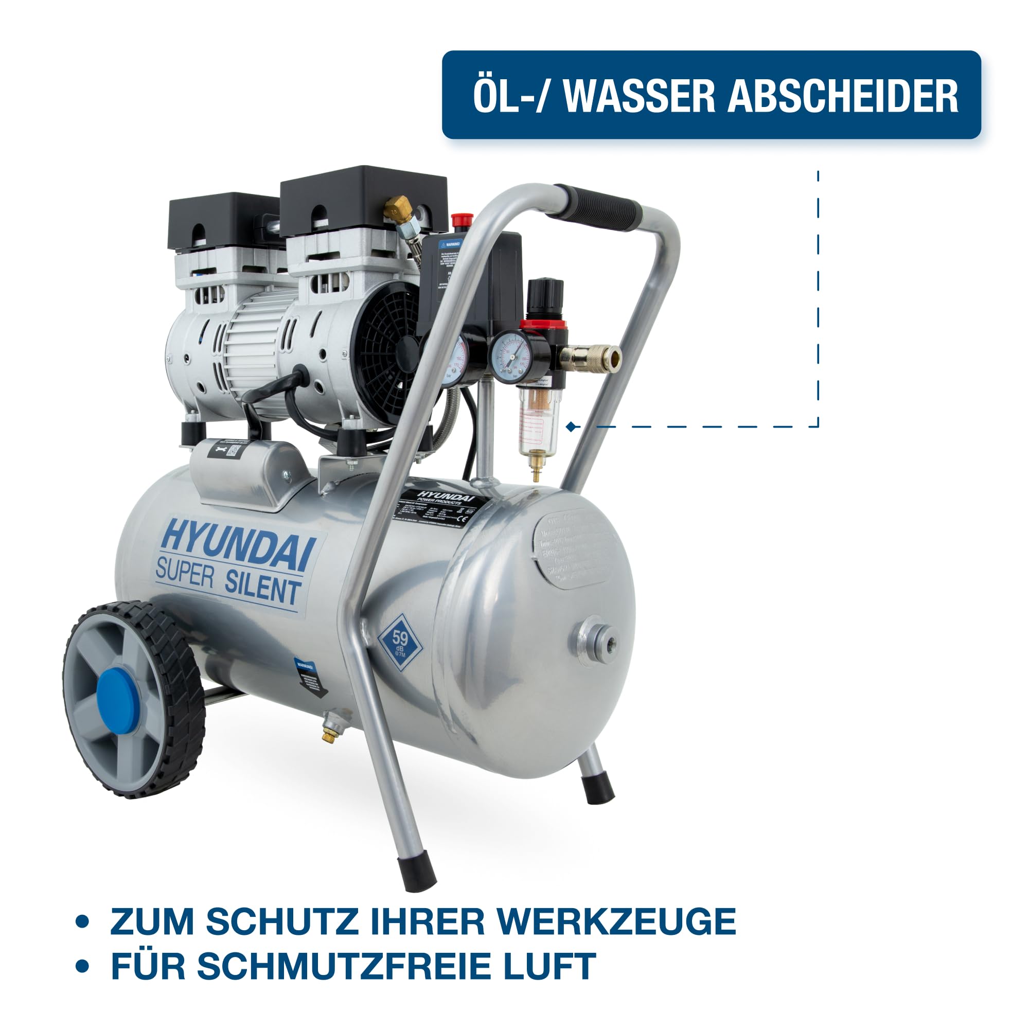 HYUNDAI Silent Kompressor SAC55752 | 24L Kessel, 8bar, ölfrei | 0.75kW / 1.0PS | Ansaugleistung 125 L/Min | Öl-Wasserabscheider | 59dB Luftkompressor leise, Flüster-Kompressor
