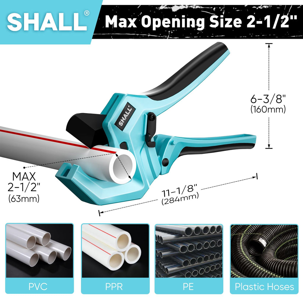 SHALL 2,5 Zoll (63 mm) Kunststoff-Rohrschneider, PVC-Schneider, Ratschen-Rohrschneider zum Schneiden von PEX-, PVC- und PPR-Kunststoffschläuchen mit 63 mm Außendurchmesser, hochwertiges Kunststoffrohr