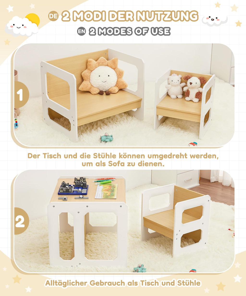 Yorbay Tisch und Stuhl Set für Kinder Kinderschreibtisch mit 1 Hockern, Kindersitzgruppe 3 in 1-Wendehocker & zum Kinderarbeitsplatz umwandelbarer Kinderbank, Kindermöbel 61,5 x 50 x 46 (Natur, L)