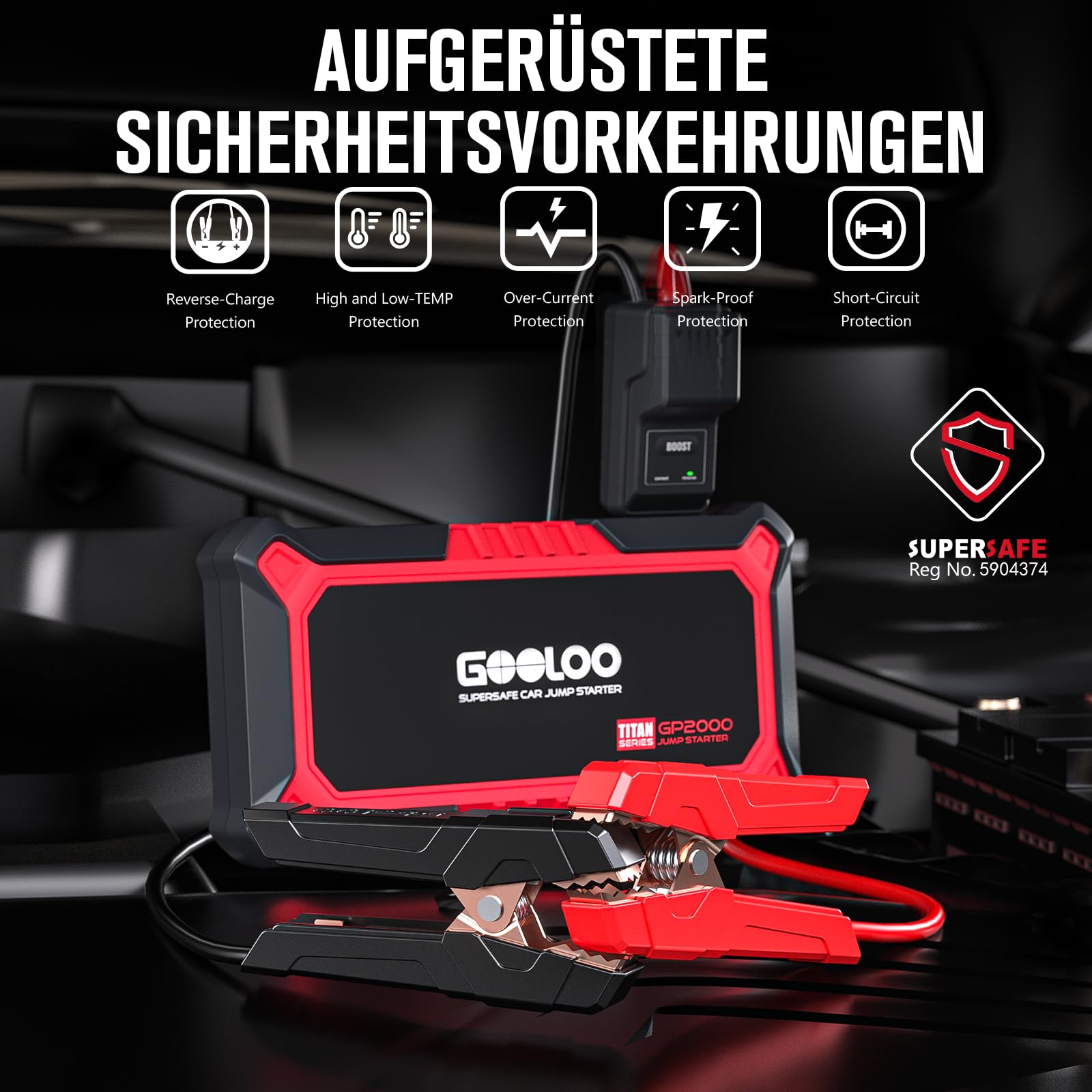 GOOLOO GP2000 Starthilfe Powerbank für Pkw, 2000A Supersafe Auto Starthilfe Powerbank für 12V (Bis zu 8.0L Benzin & 6.0L Diesel), Booster Autobatterie mit USB-Schnellladung, Starthilfekabel und LED