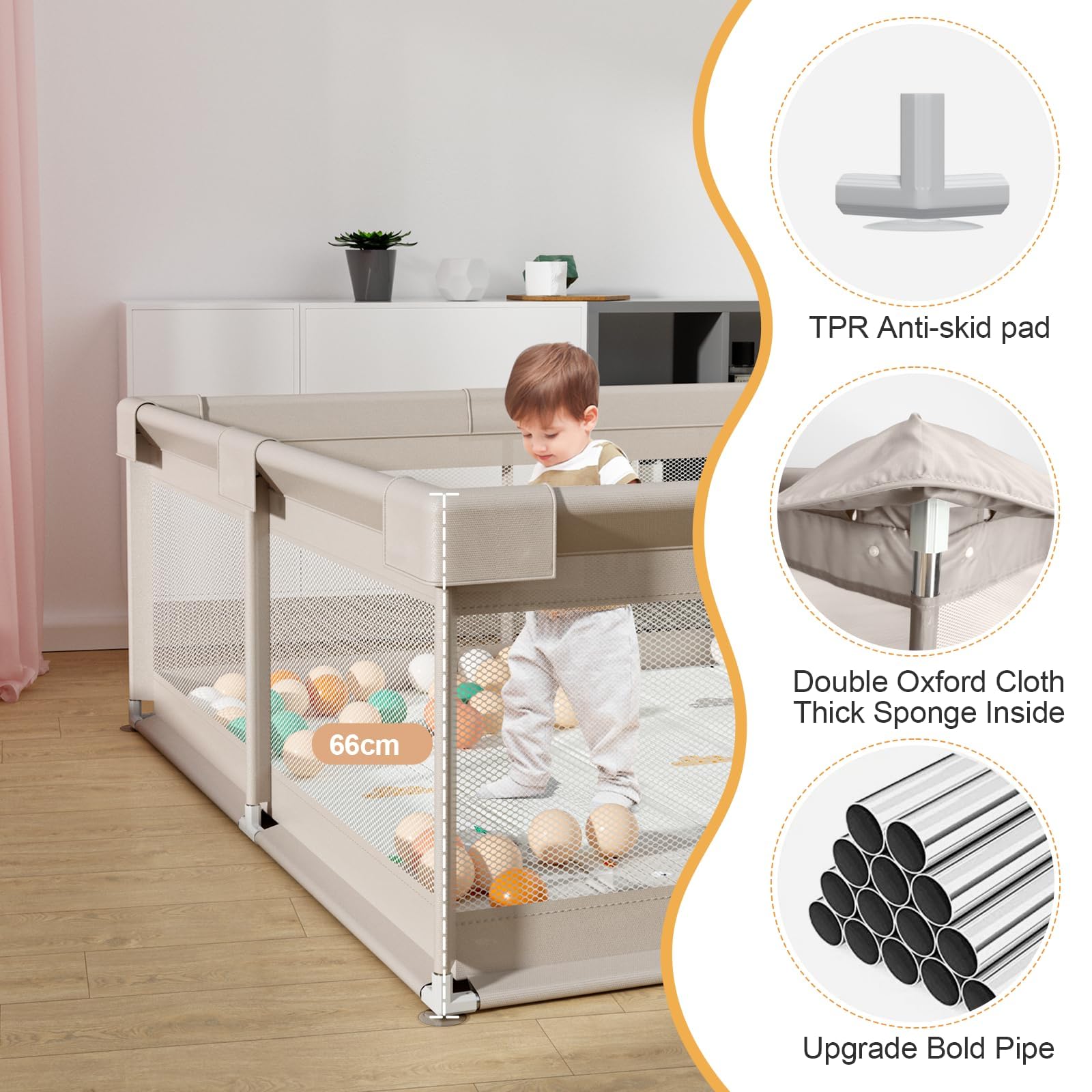 Cafolatt Baby Laufgitter mit Matte 150x150 cm, Laufstall Baby mit Matratze, Sicher und Geräumig für die Wohnung, Rutschfeste Basis, Atmungsaktives Netzdesign (150X150X64 cm)