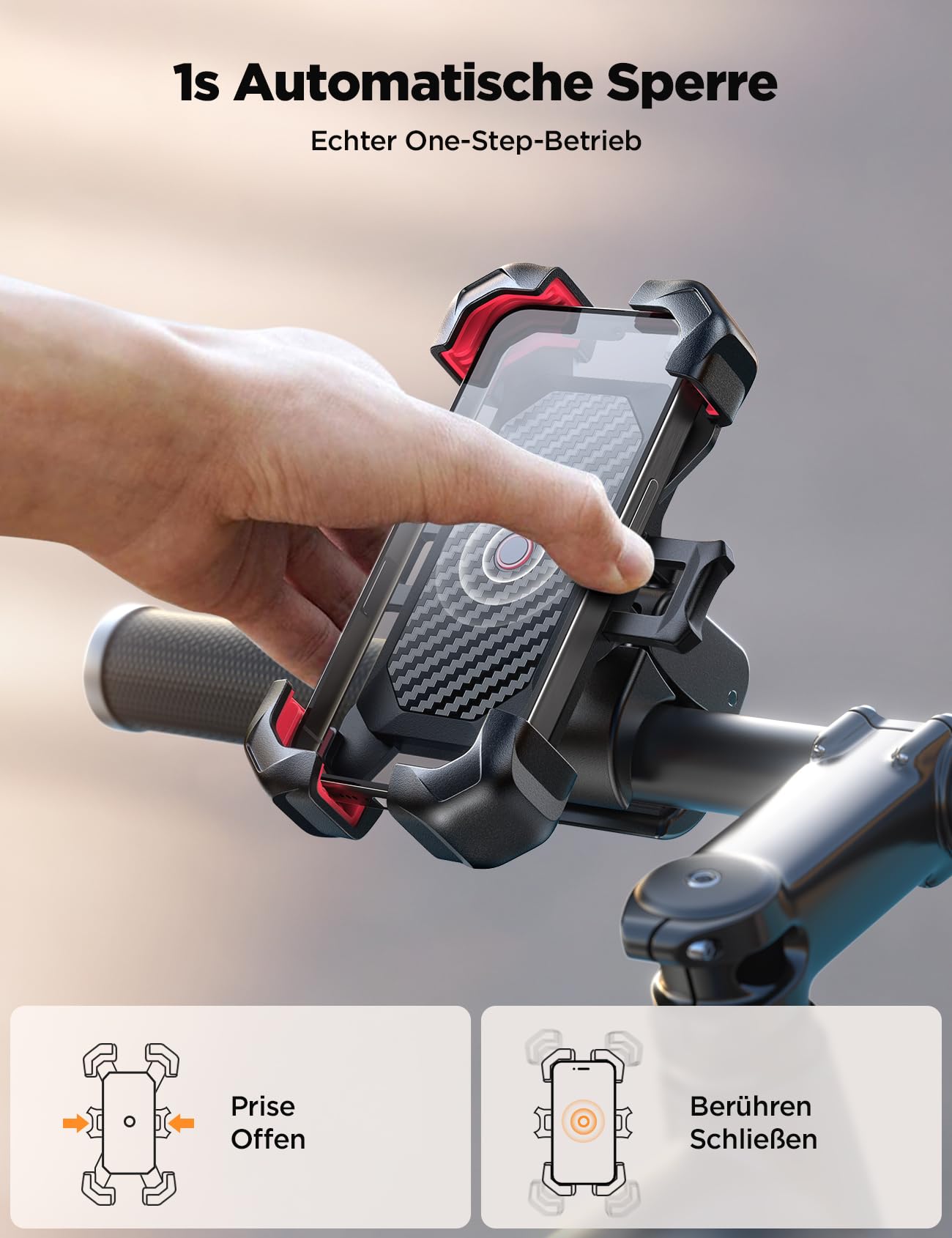 JOYROOM 2026 Handyhalterung Fahrrad, [1s Auto-Sperre][100mph Militär Anti-Shake] Handyhalterung Motorrad, [5s Install] Universal Lenker Holder für iPhone 17 Samsung S25, Alle 4,7‘’-7" Smartphone