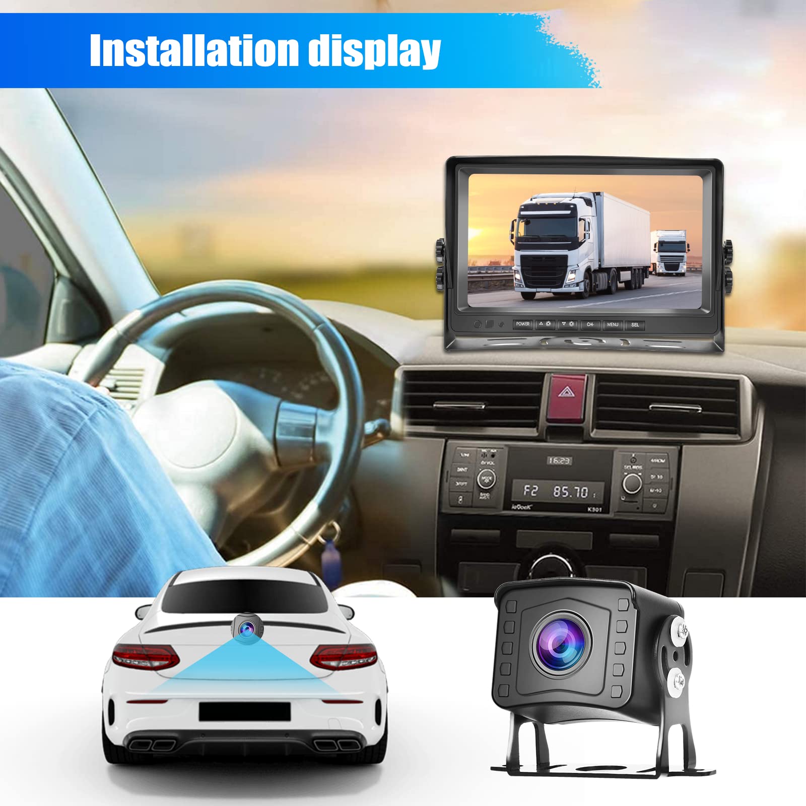 CAMECHO Rückfahrkamera 2 Kameras Set,9 Zoll LCD Monitor DVR +2 Geteilte Rück Kamera mit Nachtsicht IP69 Wasserdicht+Videoaufzeichnung für LKW/Bus/Van 12V-35V