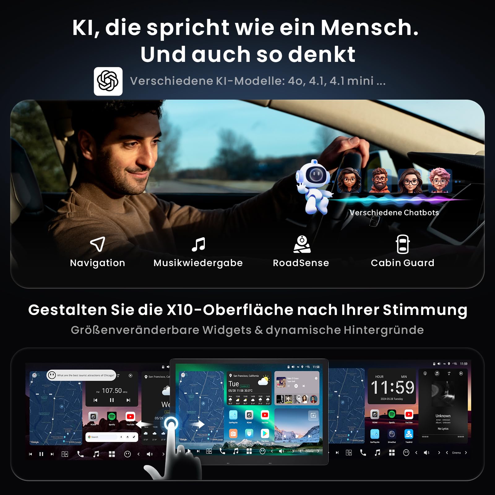 ATOTOZONE 12.9" QLED AI Android Autoradio 1 DIN, Floating Screen Auto, 8G+128G In-Dash Navigation,4G LTE, Kabelloses CarPlay & Android Auto, Dual-Phone & 2 Bluetooth,SCVC,GPS-Tracking,X10G129E