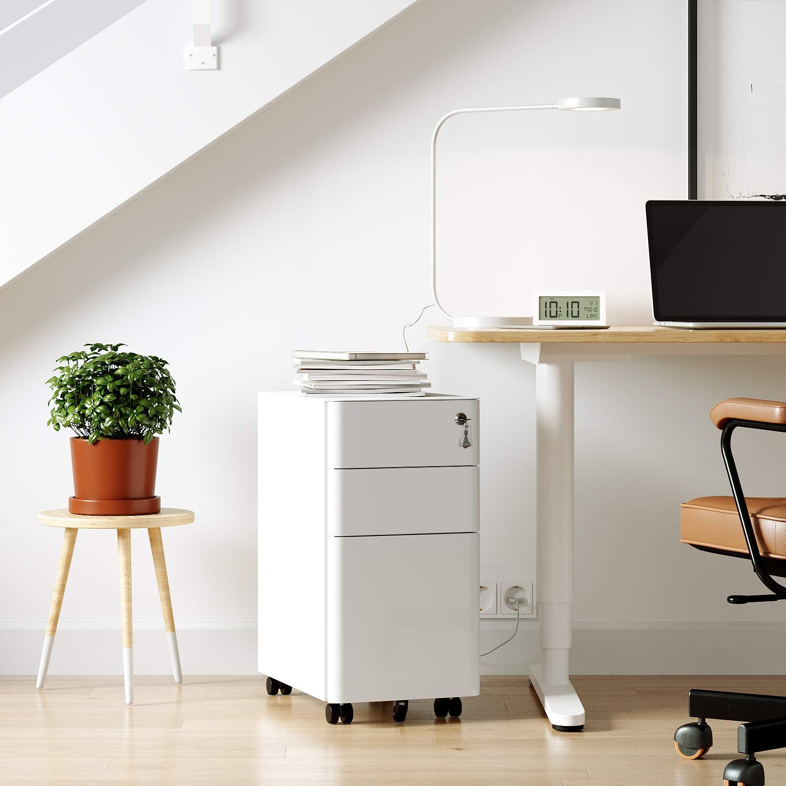 SONGMICS Rollcontainer, Aktenschrank, Büroschrank mit Rollen, Schreibtisch, Unterschrank, abschließbar, Schubladen, Dokumente in DIN-A4-, Legal-, Letter-Format, Hängeregistratur, weiß OFC030W01
