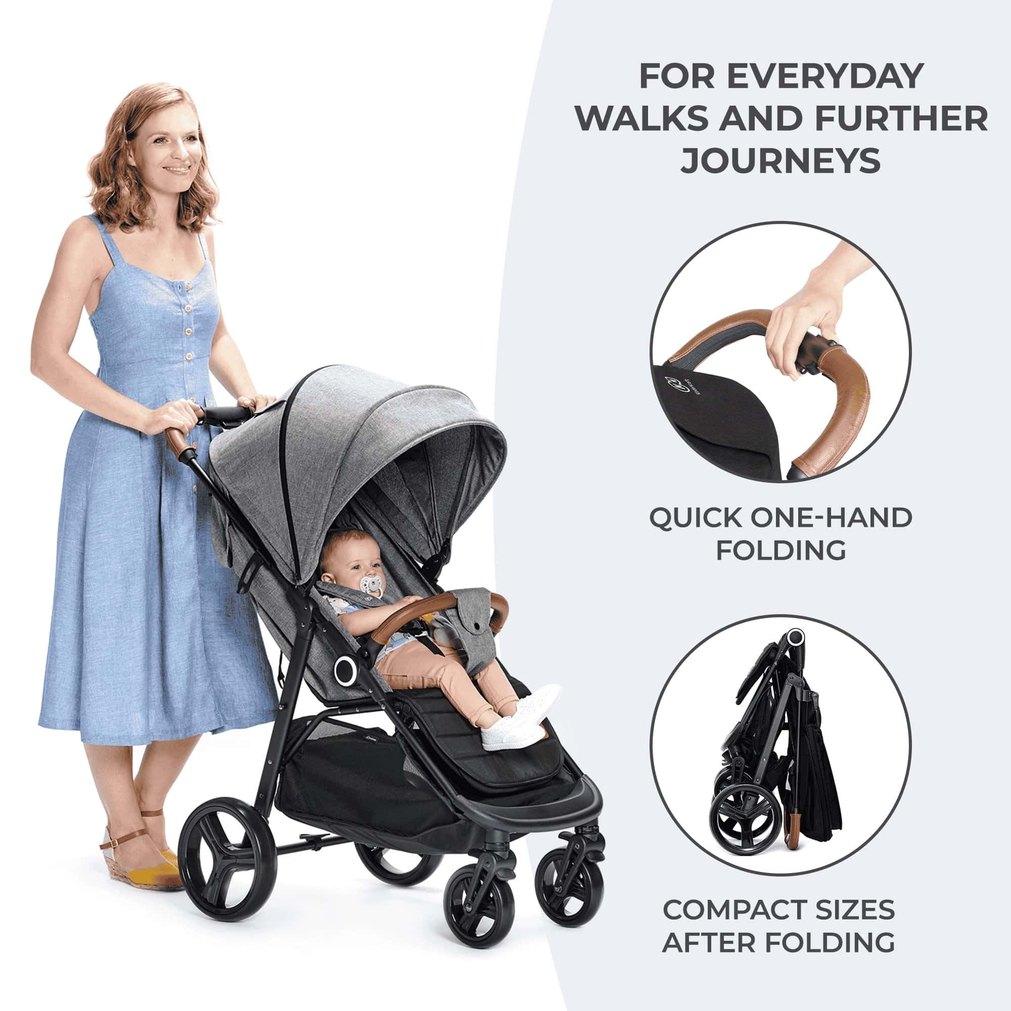 Kinderkraft GRANDE PLUS Kinderkraft buggy von Geburt bis 22 kg, Zusammenklappen mit einer Hand, Liegeposition, großes Verdeck mit Fenster, alle 4 Räder gedämpft, geräumige Sitz, Schwarz
