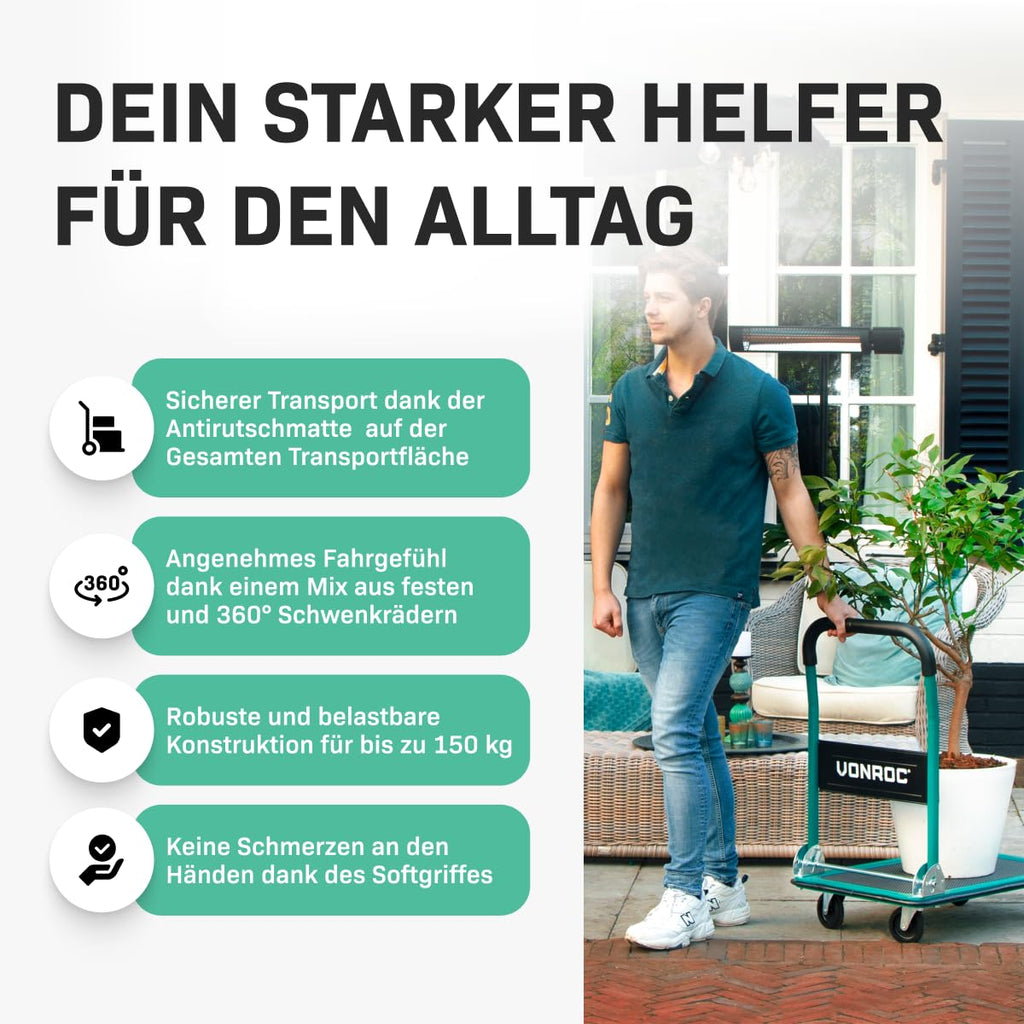 VONROC Transportwagen klappbar 150kg - Plattformwagen als Transporthilfe - Rollwagen mit Griff