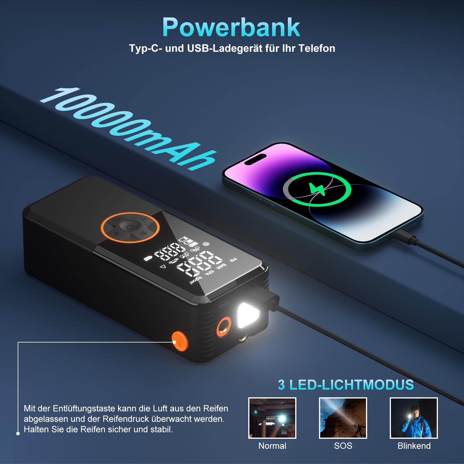 Elektrische Luftpumpe, Luftpumpe Elektrisch mit 10000mAh Akku, 150PSI Tragbar Mini Kompressor mit Manometer, Fahrradpumpe Elektrisch mit Digital LCD Bildschirm für Fahrräder, Motorräder, Auto & Bälle