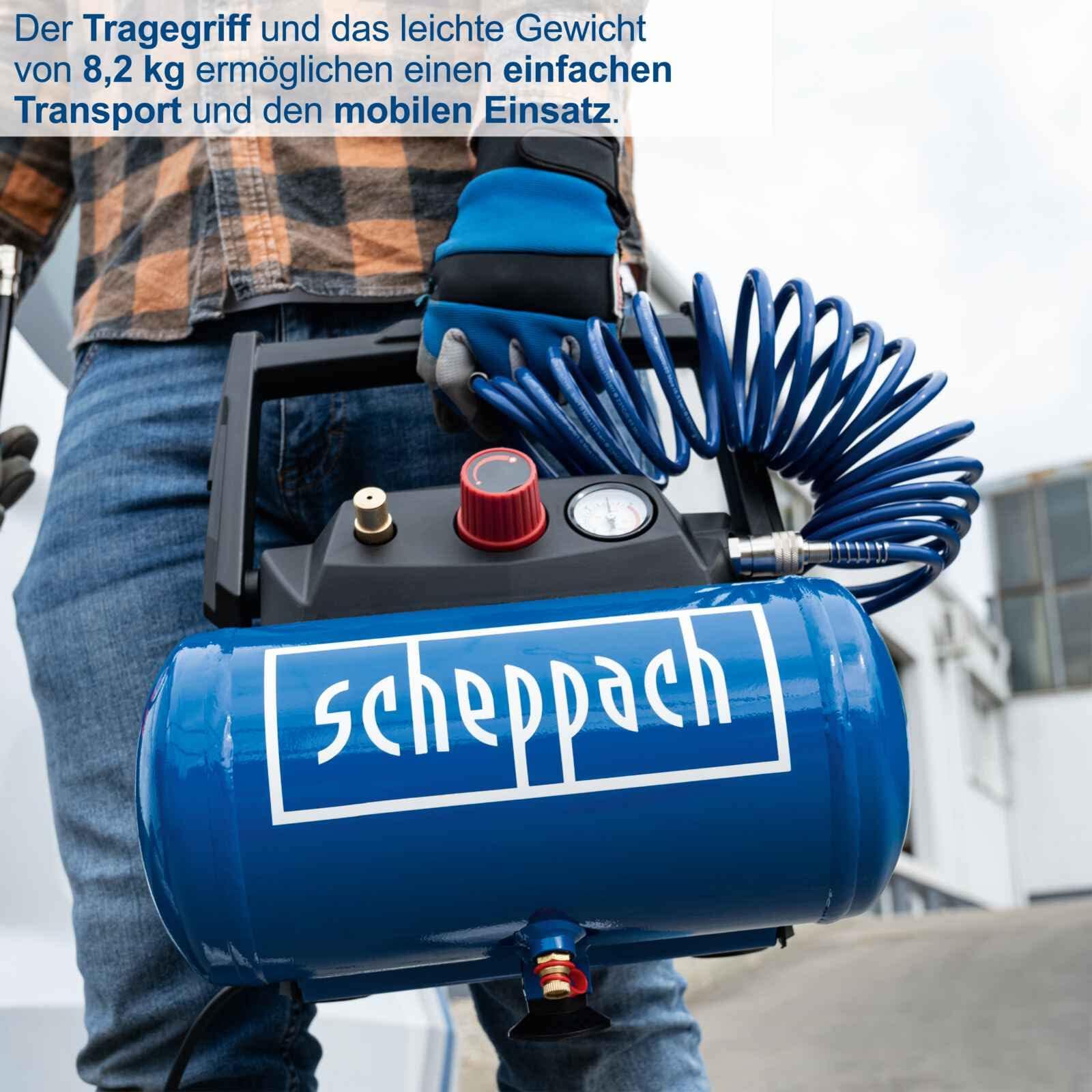 Scheppach Druckluft Kompressor HC06 ölfrei | 6L Kessel | 8 bar Arbeitsdruck | 1200 Watt Leistung | Ansaugleistung 192 L/min | mobil & kompakt Luftkompressor | inkl. 6-tlg. Zubehörset