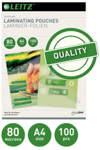 Leitz Set iLAM Home A4 Laminiergerät + Heißlaminierfolien A4 80 mic im 100er Pack, Laminiergerät für 75 bis 125 mic Laminierfolien, 3 Min. Aufwärmzeit, Weiß, Ideal für Home Office & Schule, 74200000