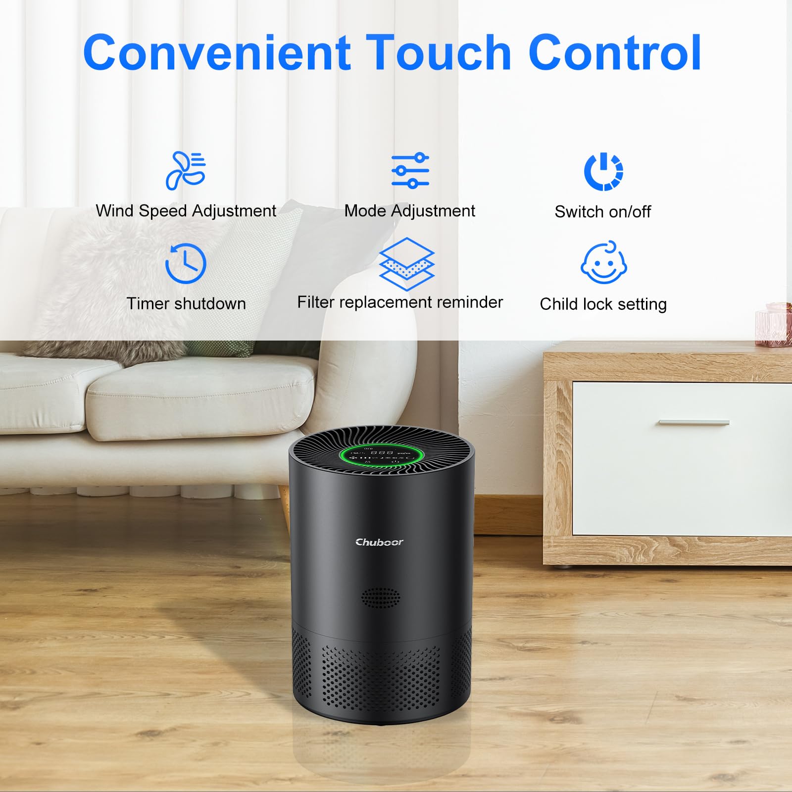 Luftreiniger Allergiker, HEPA Luftfilter gegen Schimmel, Staub und Tierhaare bis zu 0,3 µm 185m³/h CADR für Schlafzimmer bis zu 110m², Luftqualitätsanzeige, Kindersicherung, 3 Geschwindigkeiten, 25dB