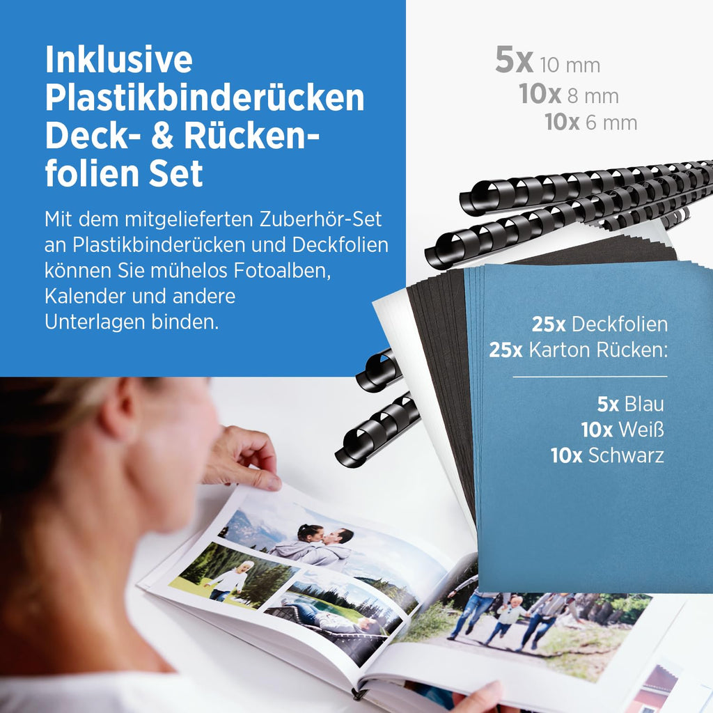 Genie CB 850 Stanz- & Spiralbindegerät | Bindemaschine bis DIN A4 | inkl. 75-teiligem Zubehör-Set | Ringbindung & Spiralbindung Set | Plastikbinderücken | Stanzmaschine mit 4-fach Locher | 350 Blatt