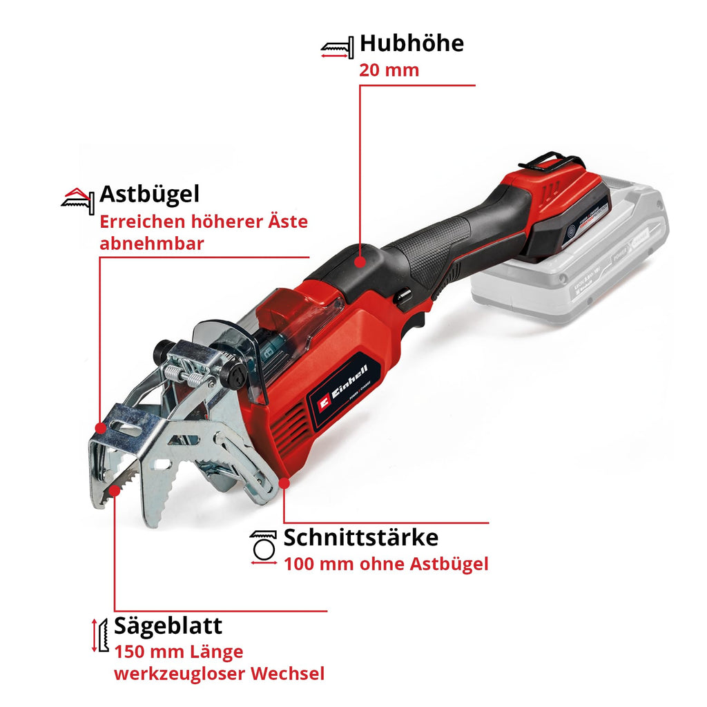 Einhell Akku-Astsäge GE-GS 18/150 Li-Solo Power X-Change (18V, 100 mm max. Schnittstärke 20 mm Hubhöhe, abnehmbarer Astbügel, inkl. 2x Sägeblatt, ohne Akku)