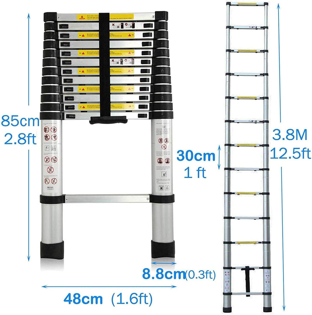 Teleskopleiter 3,8M Aluleiter Klappleiter Ausziehleiter Stehleiter Rutschfester, Teleskop-Design, aus hochwertigem Aluminium, Tragbar,Leichte, 150 kg Belastbarkeit