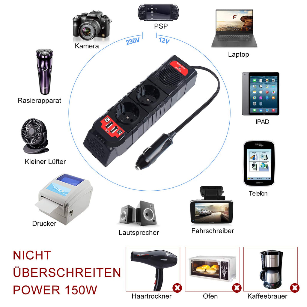 BYGD 150W Auto Spannungswandler Wechselrichter DC 12V auf 230V AC-Wandler mit 2 Ladesteckdosen und Zwei 2,4A USB-Anschlüssen Zigarettenanzünder-Steckdosenadapter für Geschaeftsfahrten und Urlaub