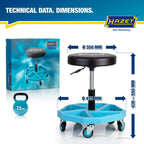 HAZET Arbeitssitz 195N-4; stabile Vierkant-Rohrrahmenkonstruktion; 5 Leichtlaufrollen 75 mm; höhenverstellbar 430-550 mm; belastbar bis 150 kg; großes Sitzkissen 350 mm