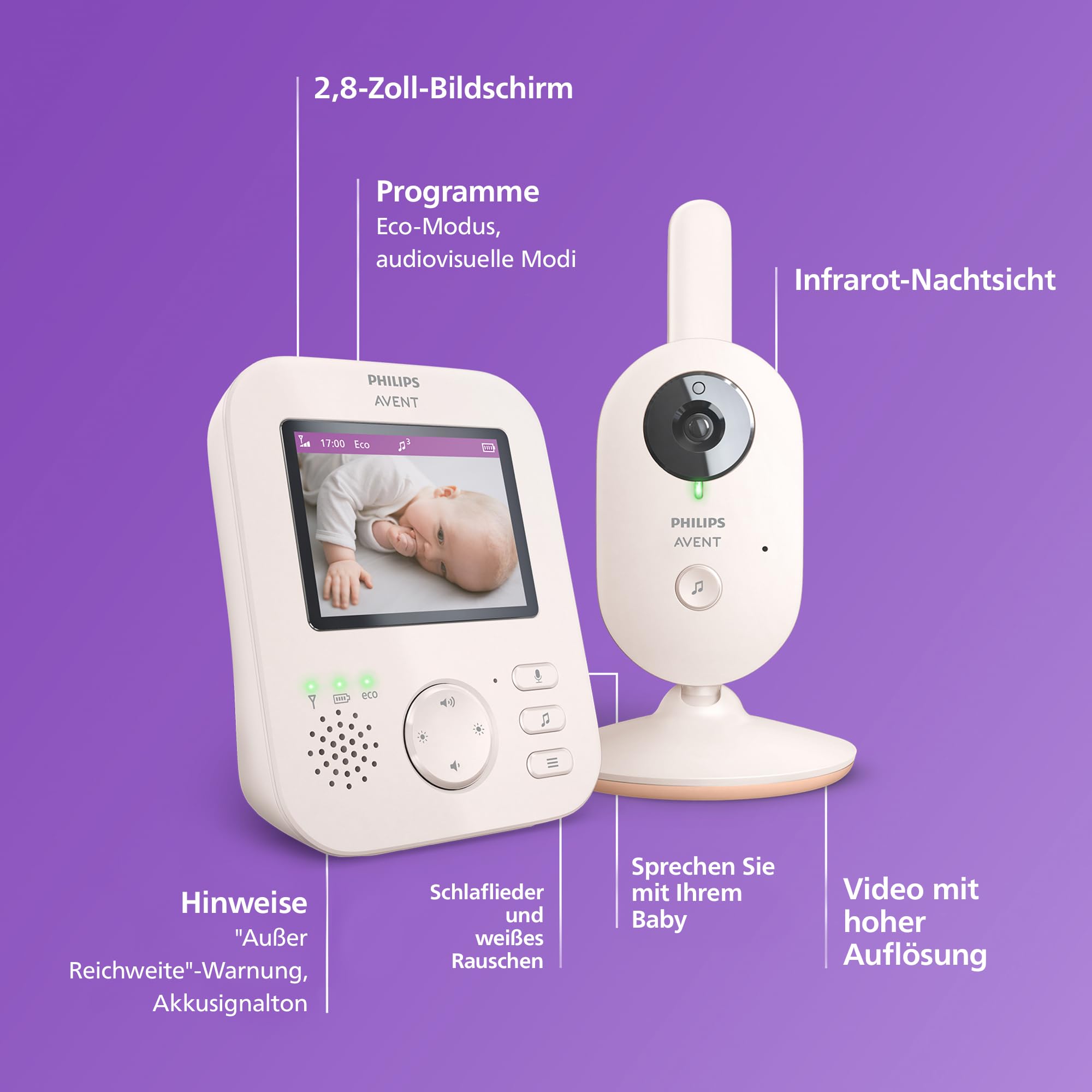 Philips AVENT Philips Babyphone mit Kamera Advanced - DEKRA Zertifiziert privat und sicher - 2.8" Display, x2 Zoom, Infrarot-Nachtsicht, Schlafliedern (Model SCD881/26)